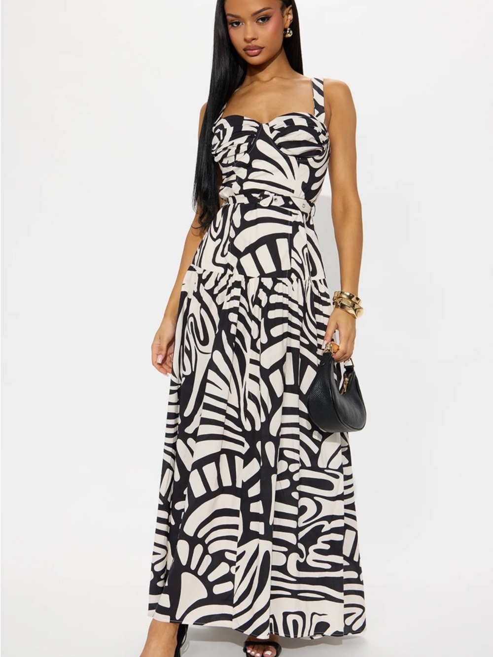 Luxxel Black & White Abstract Midi Dress with Sweetheart Bodice + Belt